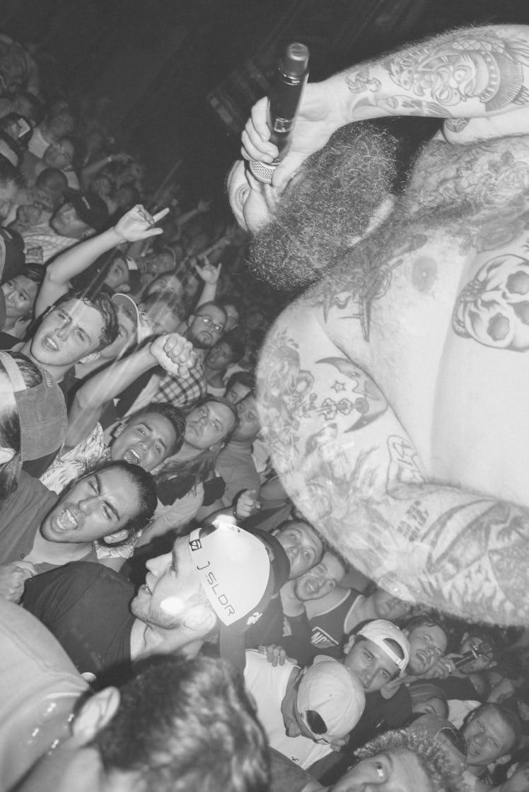 Collage of Action Bronson holding a microphone and his concert crowd