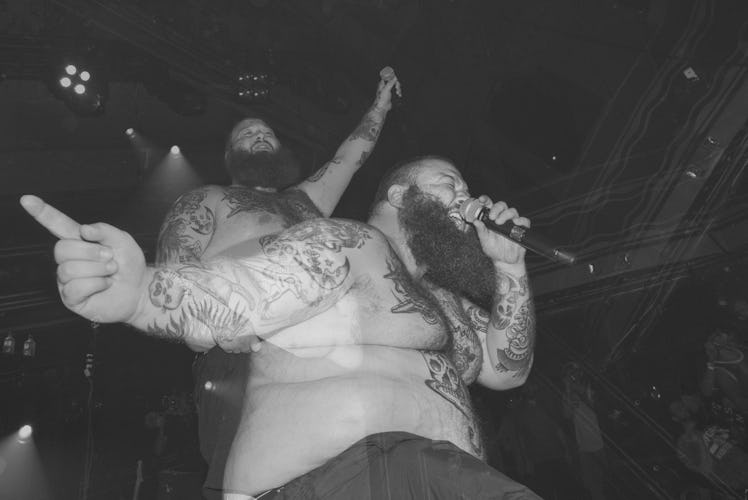 Collage of two photos of Action Bronson during his concert at Webster Hall