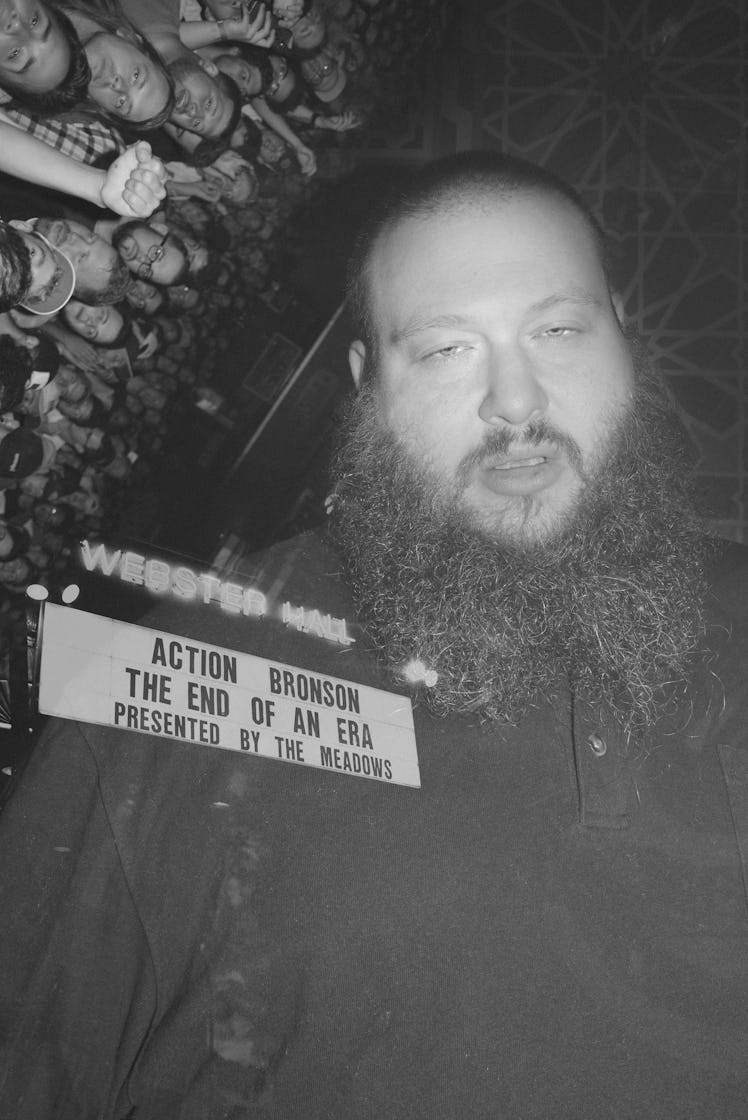 Collage of Action Bronson, concert crowd, and a text sign of his concert at Webster Hall