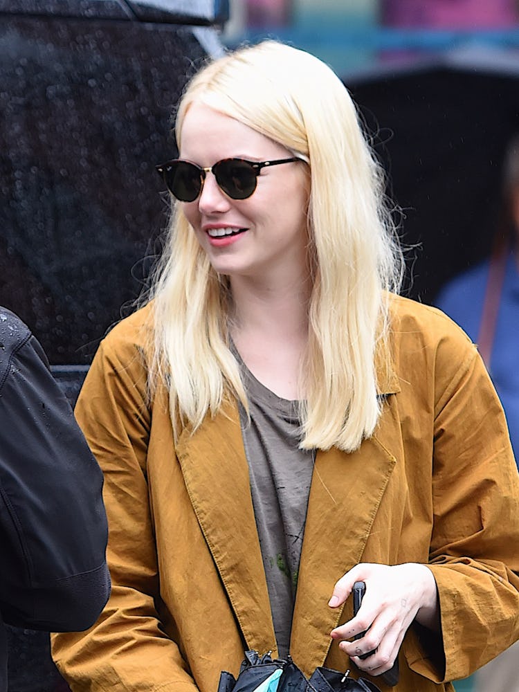 Emma Stone with shoulder-length platinum blonde hairstyle 