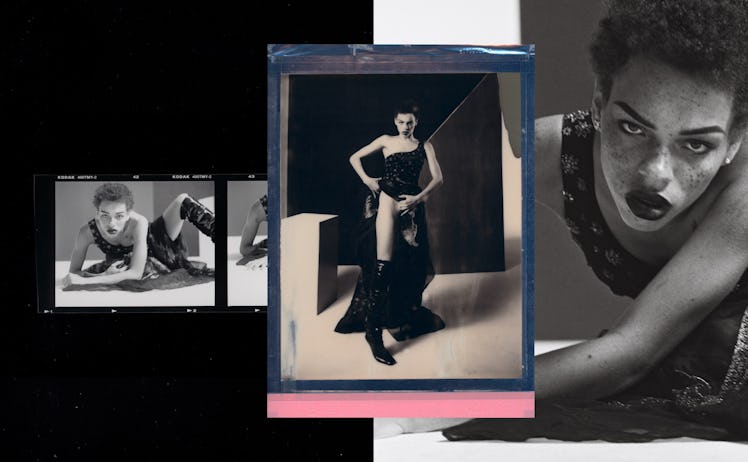 A three-part abstract collage with Carissa Pinkston in a black dress and boots from the New York Fas...