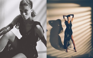 A two-part collage with Danielle Lashley posing in a black dress from the New York Fashion Week