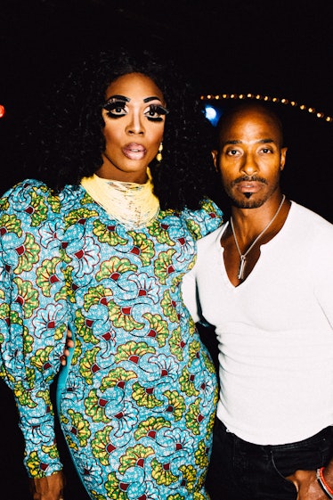 Bebe Zahara  Benet in a blue floral dress and a guest in a white shirt and black pants at Marc Jacob...