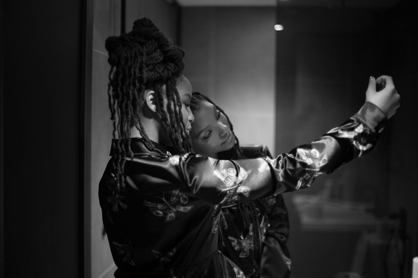Chloe and Halle Bailey taking a selfie before their first Jeremy Scott Fashion Show