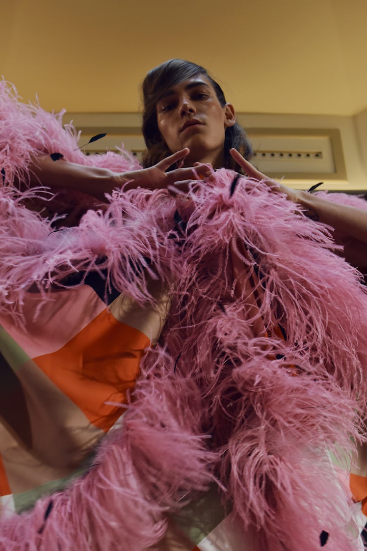 A model in a pink feather outfit at the Palomo Spain SS18 runway show 