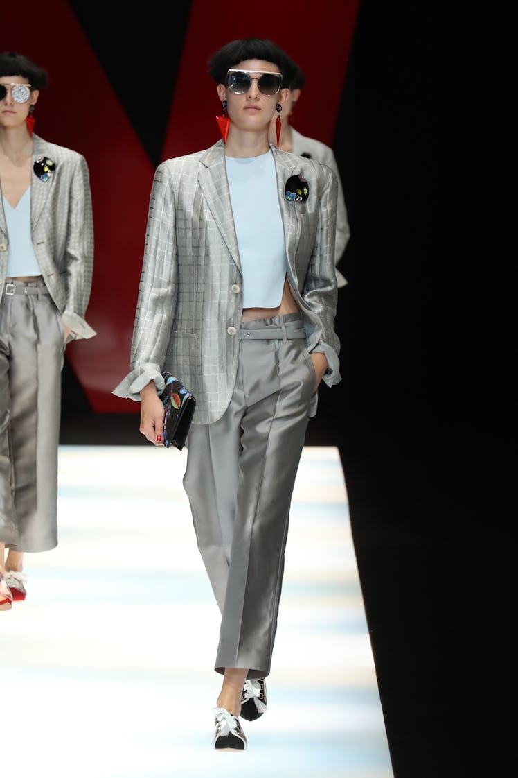 A model walking the runway for Giorgio Armani’s show during Milan Fashion Week’s Spring 2018