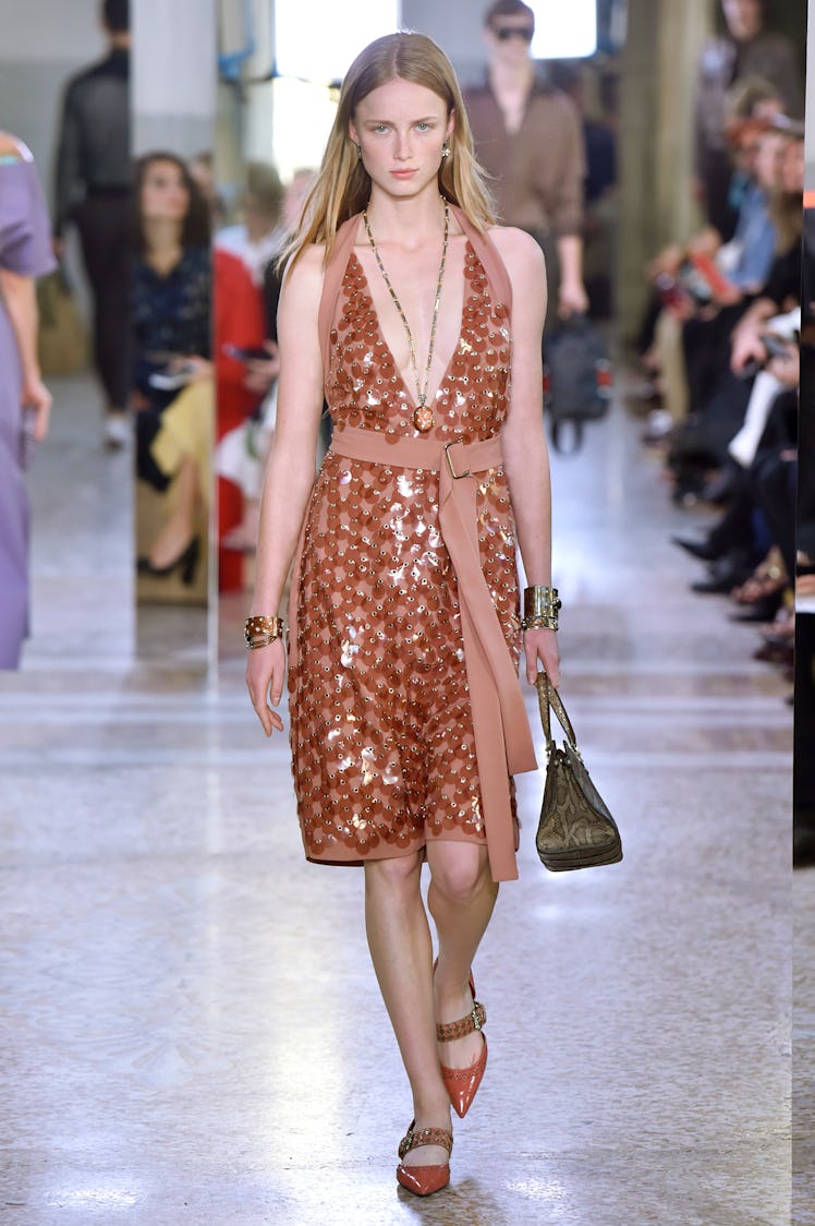 A model wearing Bottega Veneta's sequined dress at Milan Fashion Week’s Spring 2018 