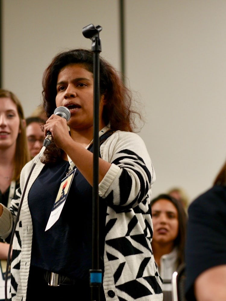 An activist giving a speech about 'Me Too' moment