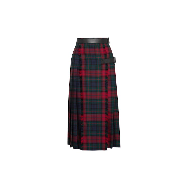 Burberry tartan wool kilt skirt finished with leather buckles at the waist and hips