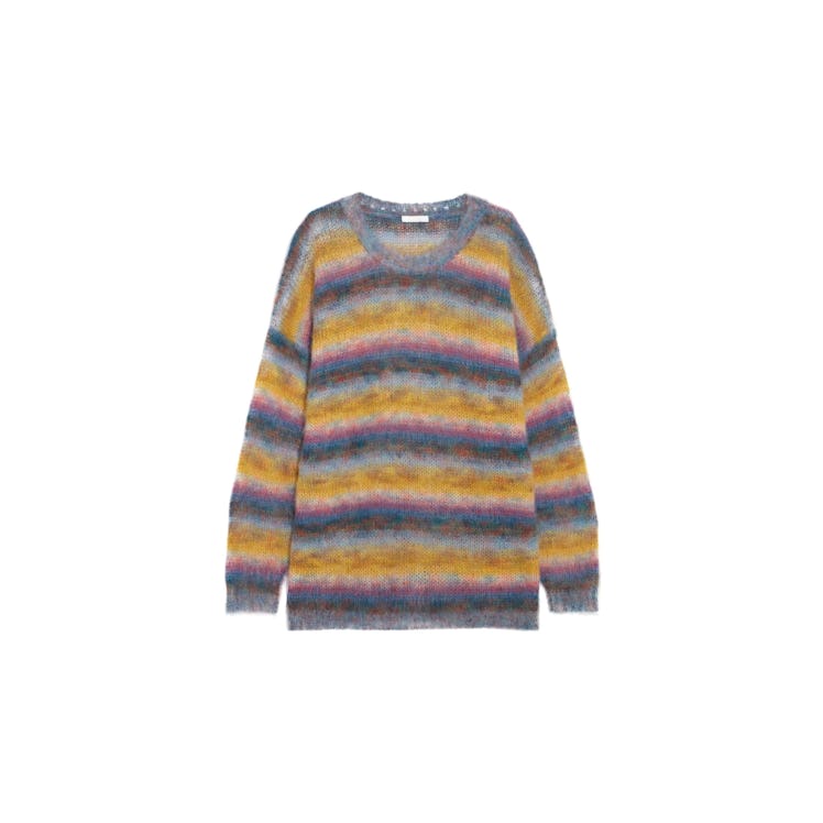Chloe oversized fuzzy mohair-blend sweater with blue, pink, teal, and yellow stripes