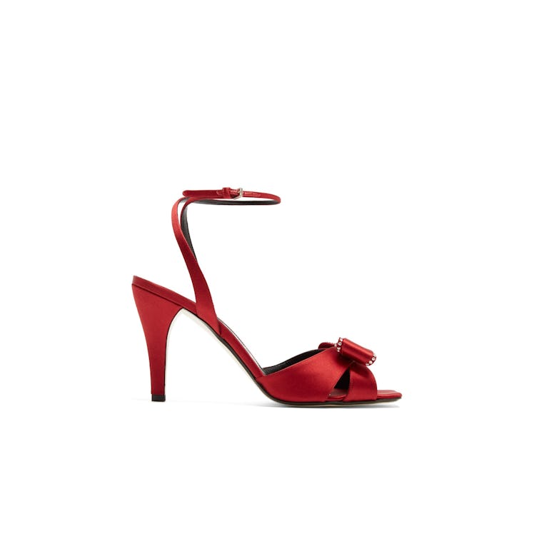 Loewe heeled sandals in crimson-red satin with a crystal-embellished bow on the front strap