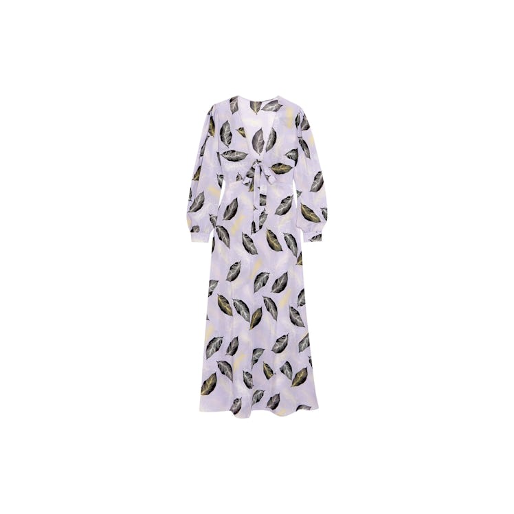 Miu Miu silk dress printed with floating leaves and feathers against a lilac base