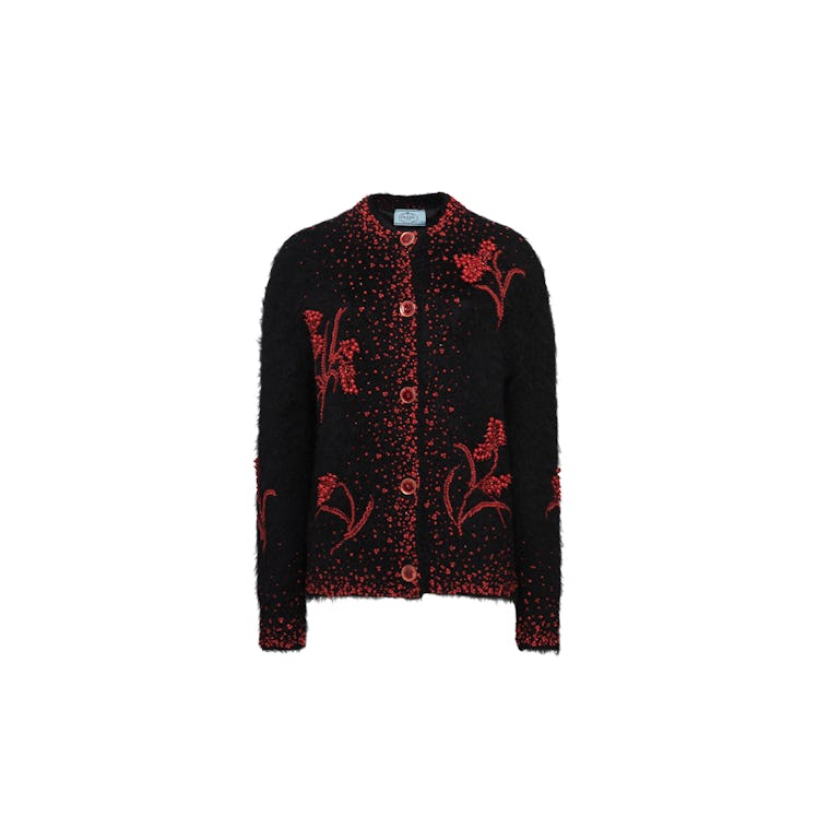 Prada black and red hand-embroidered cardigan