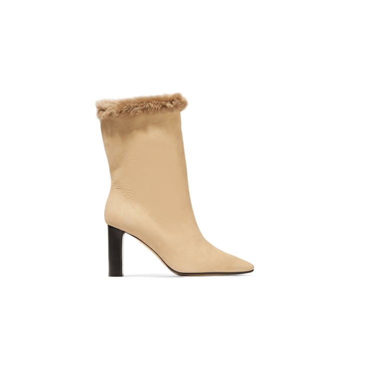 The Row shearling-trimmed sand colored suede boots