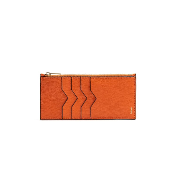 Valextra contrast-edge grained leather coin purse with four V-cut card slots in tangerine-orange col...