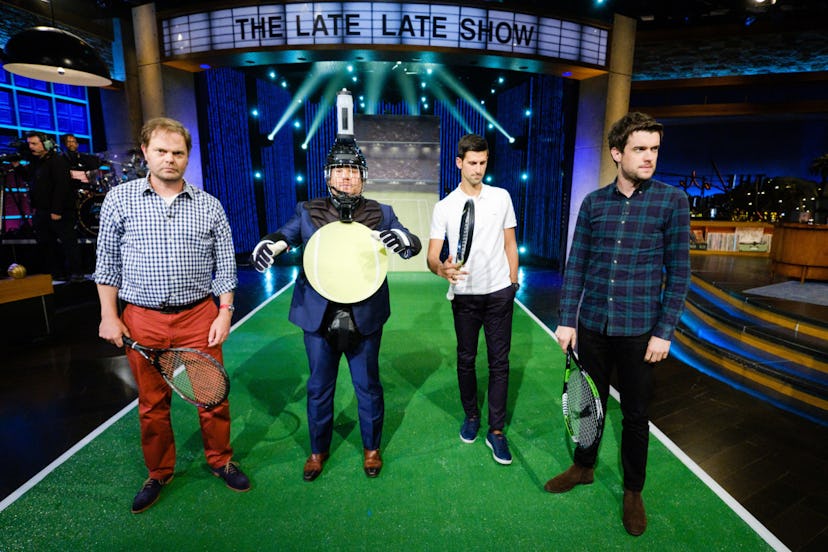 Novak Djokovic and Rainn Wilson Perform in a sketch called Target Practice with James Corden