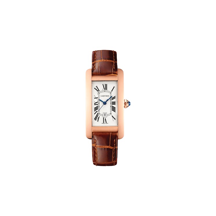 Cartier Tank Americaine medium model 18K pink gold case with a sapphire dial and brown alligator ski...