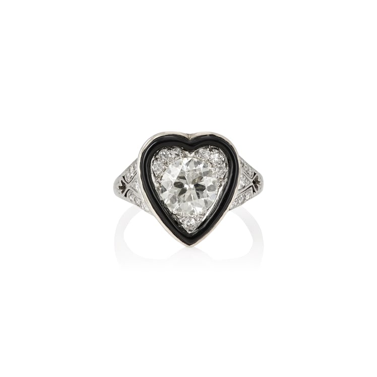 Stephanie Windsor Antiques Late Art Deco Platinum and Black Enamel Heart Ring