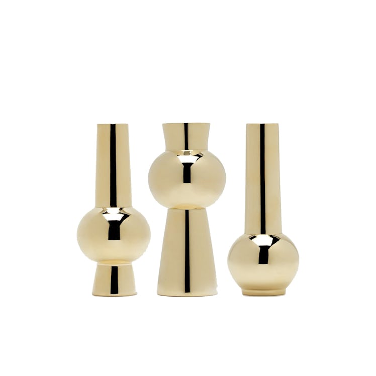Retro inspired set of three polished brass bud vases by Skultuna