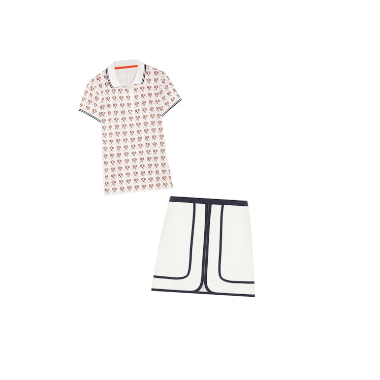 Tory Sport printed flocked stretch-CoolMax piqué polo shirt and white and blue stretch tennis skirt