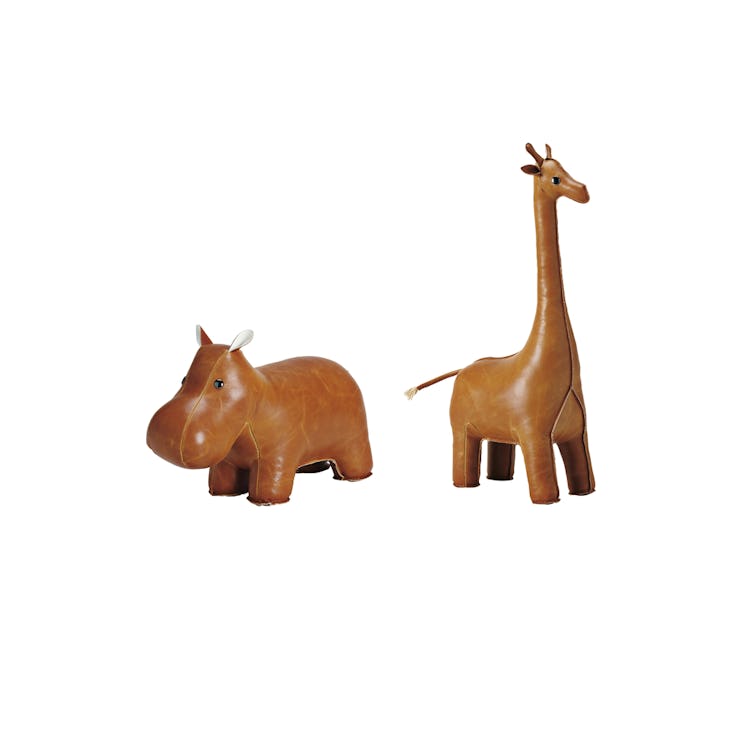 Serena & Lily giraffe and hippo faux-leather weighted bookends