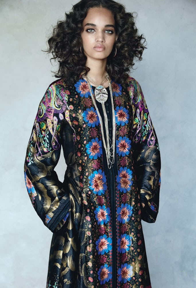 A model in a multi-colored floral Etro jacket