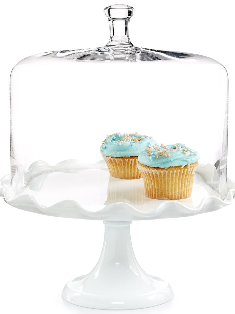 Martha Stewart Collection cake stand with dome with two blue cupcakes placed in it