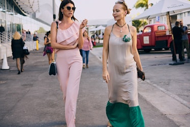 Two women wearing street style arriving at Art Basel Miami international art fair
