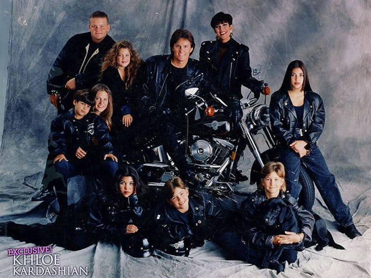 A Christmas card featuring Bruce and Kris Jenner and all their kids in motorcycle jackets. 