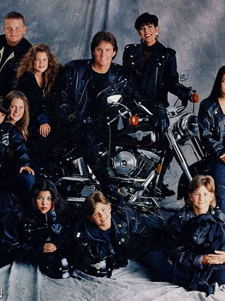 A Christmas card featuring Bruce and Kris Jenner and all their kids in motorcycle jackets. 