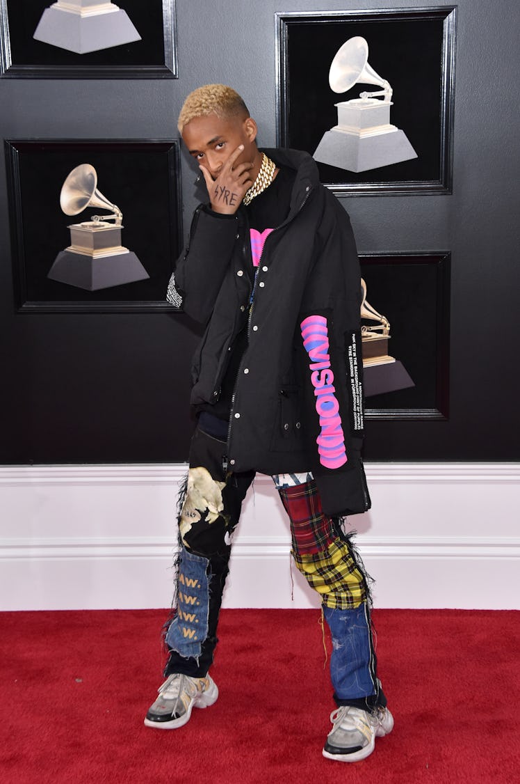 Jaden Smith in a black jacket and multi-part trousers at the Grammys 2018