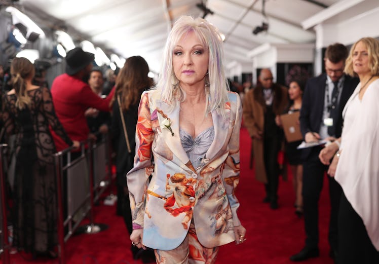 Cyndi Lauper in a beige-blue-orange satin suit at the Grammys 2018