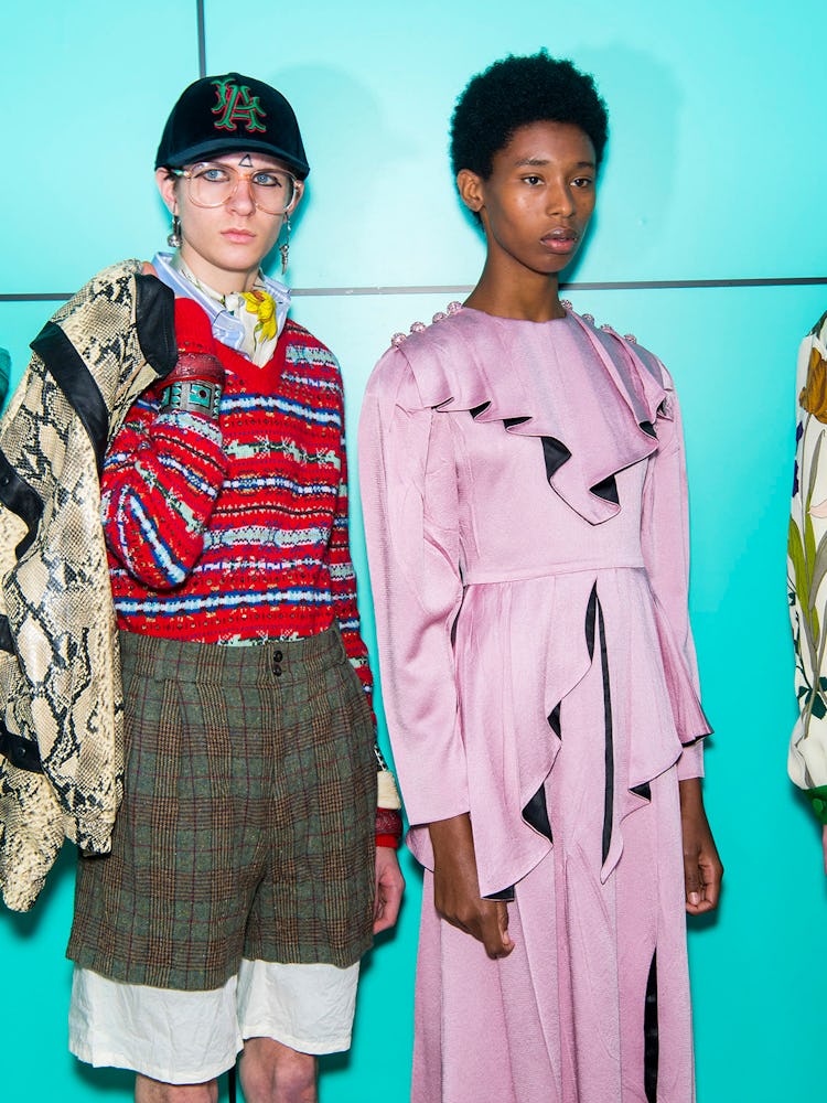 Models wearing Gucci Fall 2018 posing backstage