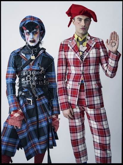 A model in a blue check outfit and a model in a red-white check outfit by Charles Jeffrey
