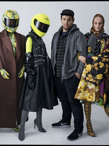Richard Quinn, Jean Campbell standing next to three models with helmets in looks by Richard Quinn