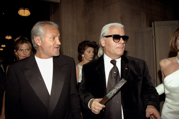 Designers Gianni Versace (left) and Karl Lagerfeld arrive fo