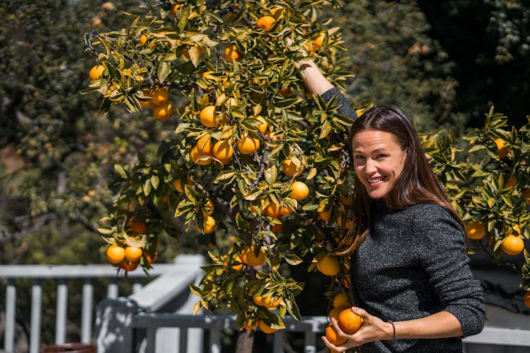 Jennifer Garner, one of the savviest celebrity moms on social media, picking oranges from a tree and...