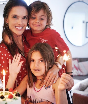 Alessandra Ambrosio, mom supermodel, with daughter and son while celebrating birthday.