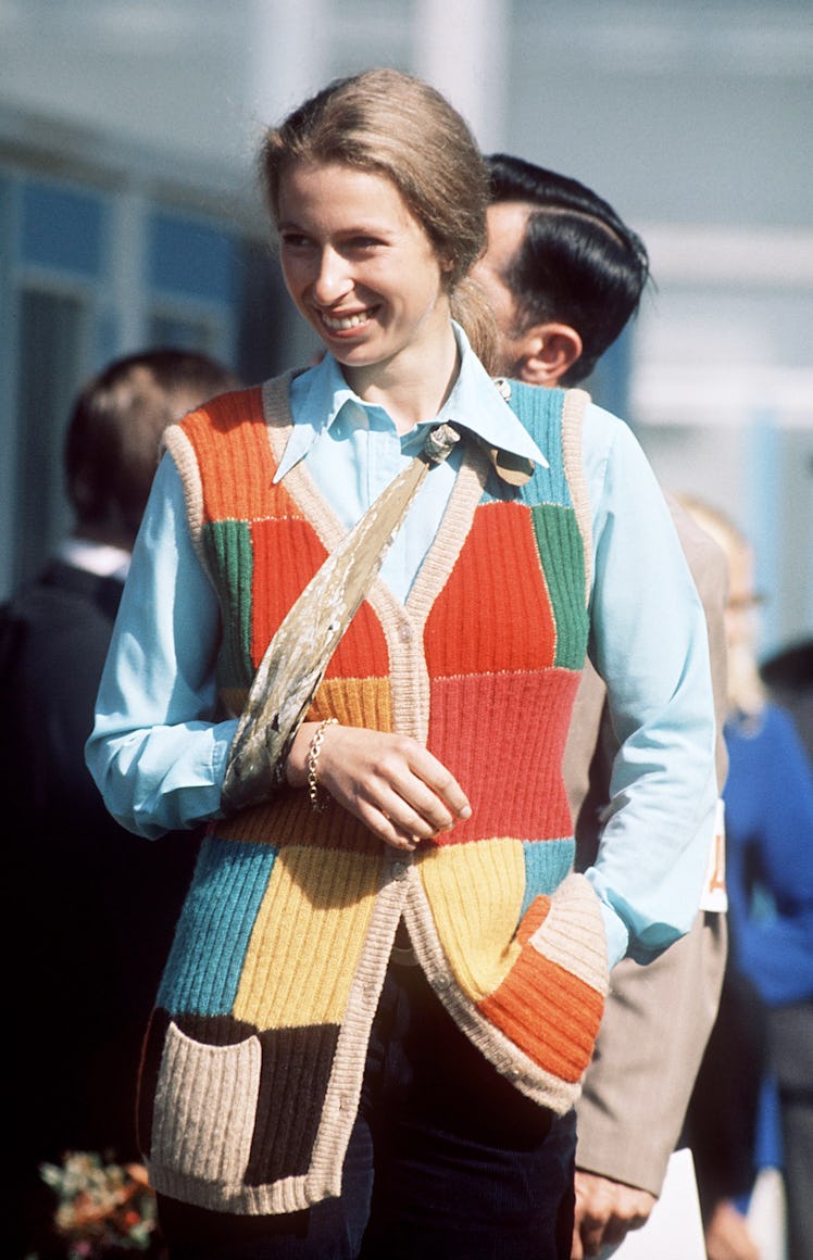 A young Princess Anne wearing a colorful knit vest