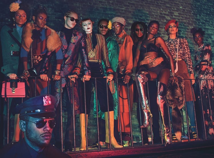 Models wearing 70’s inspired outfits posing for Steven Klein’s “Squad Goals”