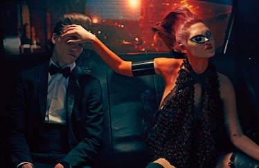 Models styled for a party posing in the back of the car for Steven Klein's 'Warrior Stance' editoria...