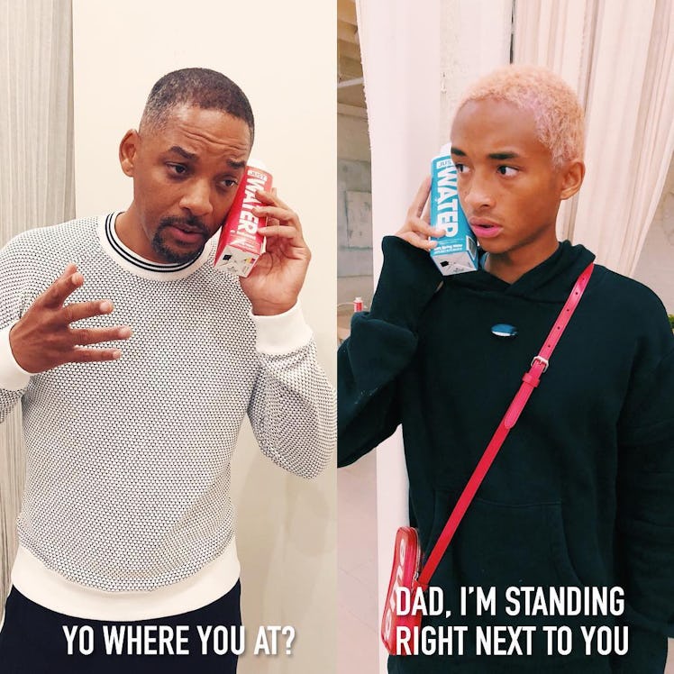 An Instagram post collage with Will Smith and Jaden Smith and the text 'Yo where you at? Dad, I'm st...
