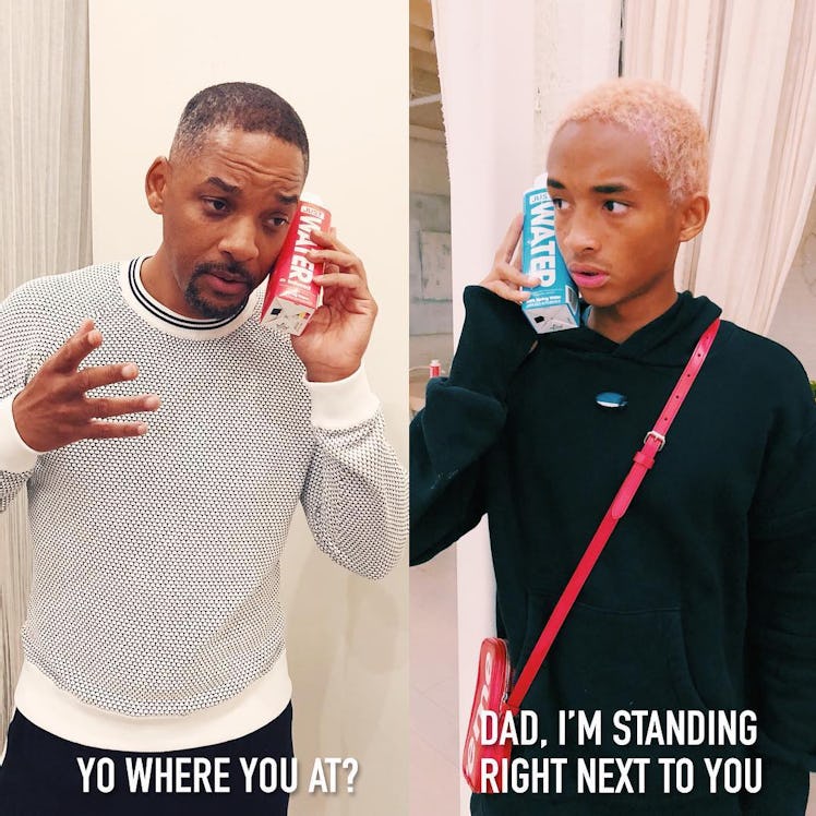 An Instagram post collage with Will Smith and Jaden Smith and the text 'Yo where you at? Dad, I'm st...