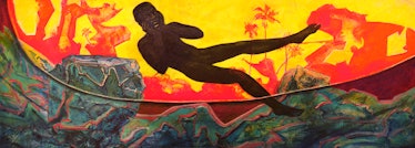 Cy Gavin’s painting on a wide canvas of a man bathing