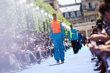 At his second show, men's wear designer Virgil Abloh introduced a glow-in-the-dark  version of Louis Vuitton's famous monogr…