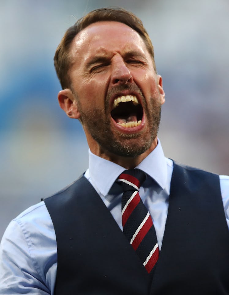 Gareth Southgate screaming and celebrating the win over Sweden in World Cup Quarter Finals 2018 whil...