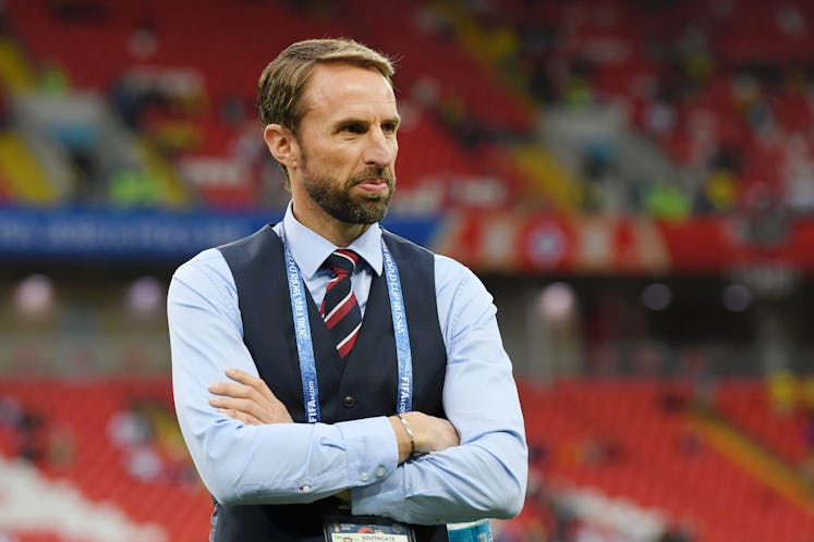 Gareth Southgate in a black waistcoat before the Round of 16 Colombia v England World Cup match