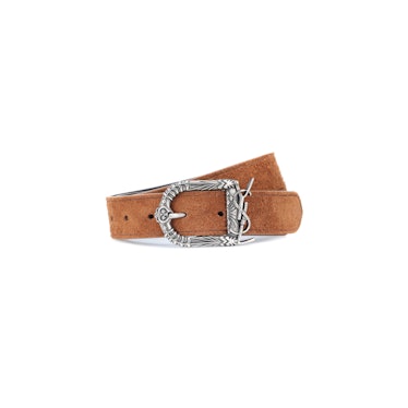 A brown and silver Saint Laurent suede belt