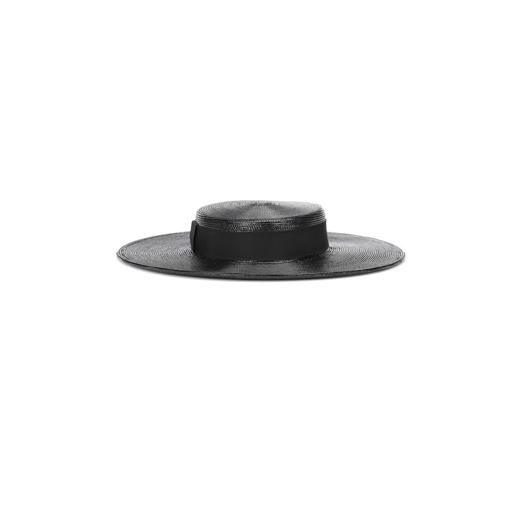 A black straw boater hat with a bow in the front by Saint Laurent