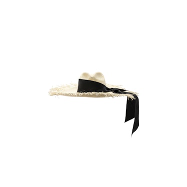 A frayed-edge Sensi Studio straw hat with a black ribbon